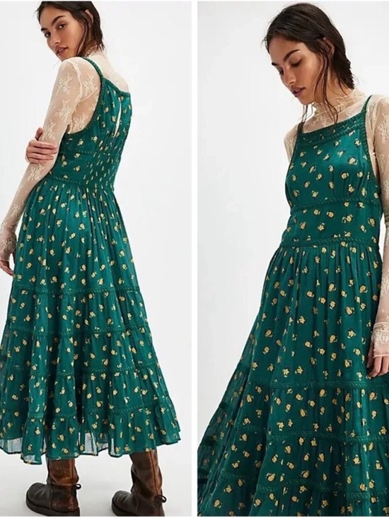Free People Dresses & Skirts - Free People Daydreamer Midi Floral Green Tiered Dress Sundress Womens Large Boho